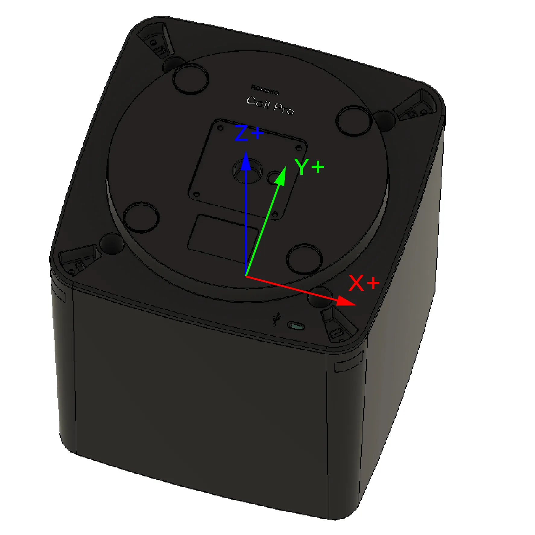 Coil Pro coordinate frames, bottom view